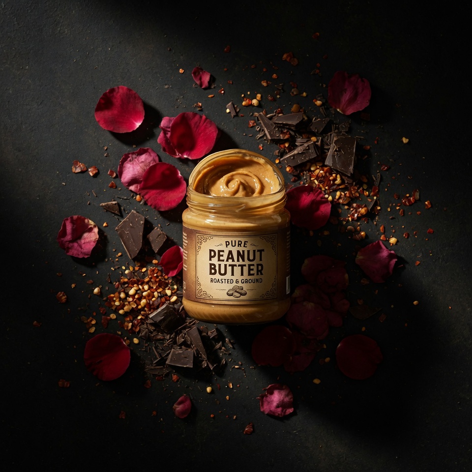 A jar of peanut butter styled with rose petals and chocolate on a dark surface