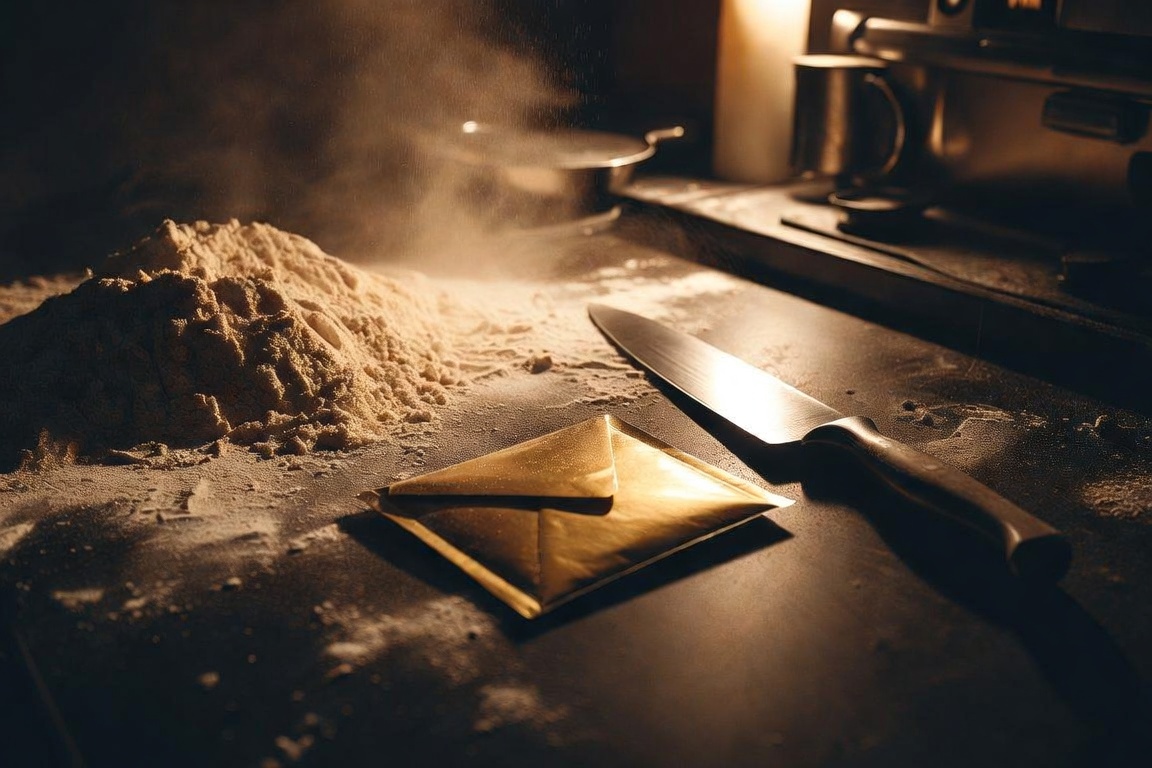A gold envelope resting on a dark flour-dusted kitchen counter beside a chef's knife, lit by dramatic moody light
