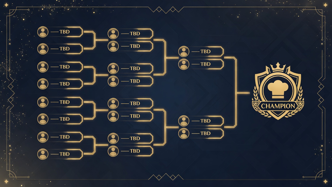 A 13-week tournament bracket: 8 pairs competing through rounds, quarters, semis, to one champion