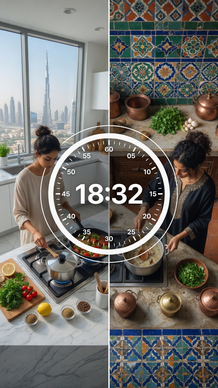 Two chefs cooking in split-screen with a countdown timer overlay
